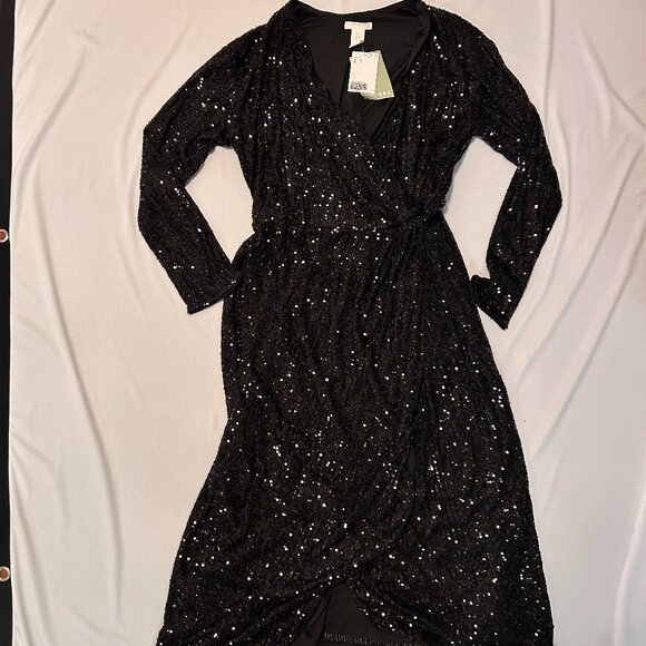NEW H&M Womens Sequin Black faux wrap dress size S - Picture 1 of 5